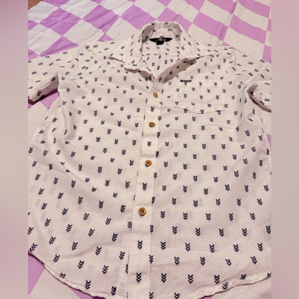 Volcom Boys Short Sleeve Button Down Shirt White Blue Geometric Print Size (10) - Picture 4 of 10